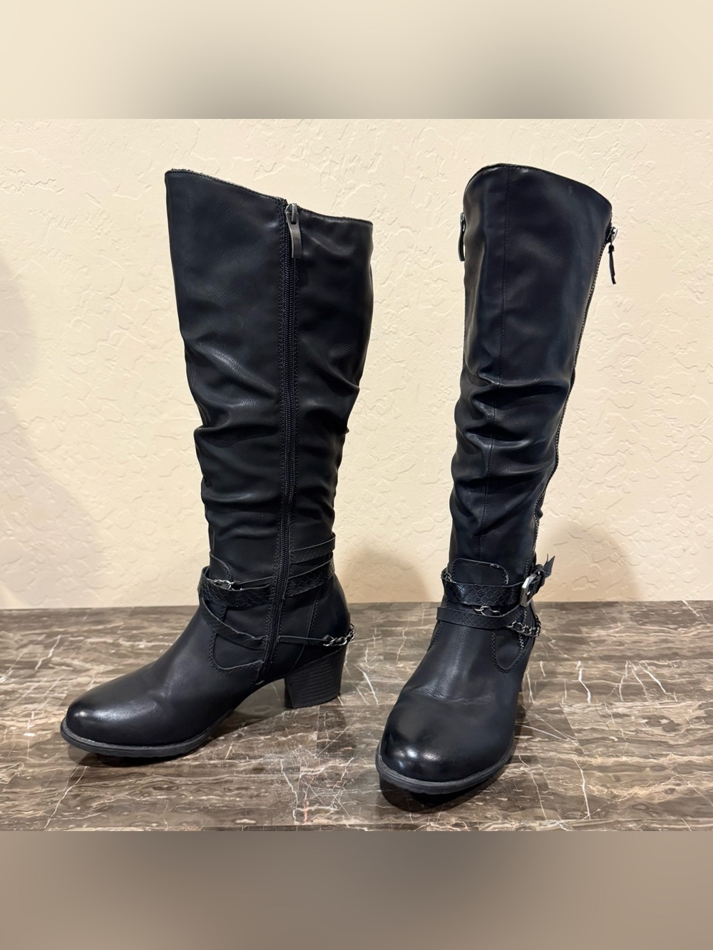 Spring Step Faux Leather Chain Belted Moto Riding Boots - Picture 12 of 12